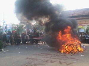 Massa membakar keranda mayat yang diisi ban bekas lantaran tak satupun anggota DPRD Muba menanggapi unjukrasa mereka, Rabu (1/6).