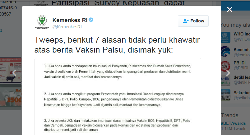 Twit Kemenkes terkait vaksin palsu