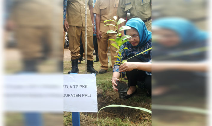 Hj Sri Kustina Amalindo ketika menanam pohon sirsak secara simbolis