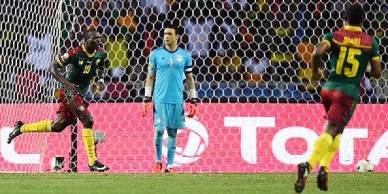 Pemain Kamerun merayakan gol mereka ke gawang Mesir dalam laga final Piala Afrika 2017
