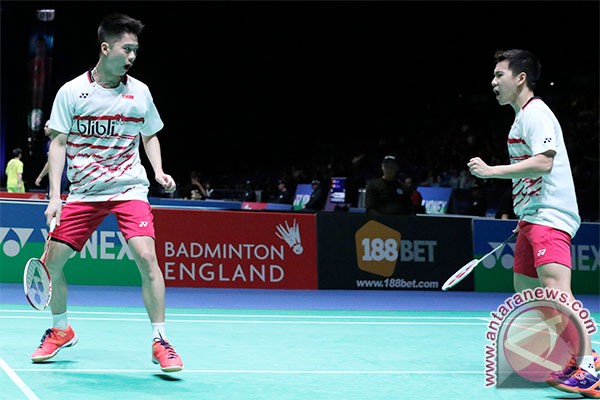 Kevin-marcus meluapkan kegembiraan usai taklukan ganda Inggris Peter Briggs-Tom Wolfeden di putaran kedua All England 2017, Kamis 9 maret 2017_pbsiorid-antara