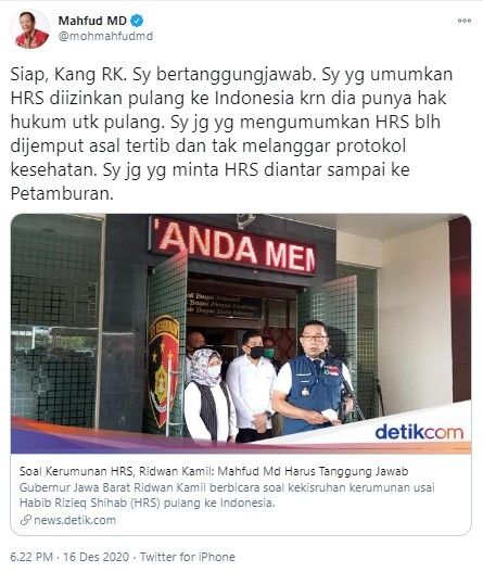 Tangkapan layar cuitan Mahfud Md