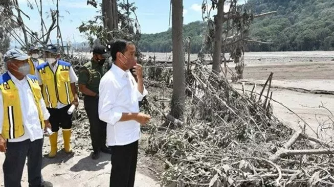 Presiden Joko Widodo, Menko PMK Muhadjir Effendy dan Menteri PUPR Basuki Hadimuljono meninjau jalan penghubung Lumajang Malang yang tertimbun lahar dingin erupsi Gunung Semeru