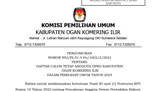 Pengumuman DCT Anggota DPRD Kabupaten OKI