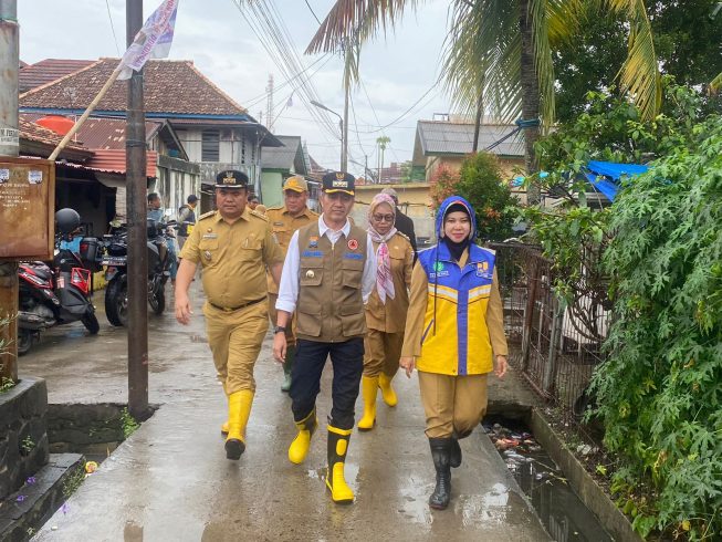 : Ratu Dewa, PJ Walikota Palembang, berjalan kaki meninjau dan membagikan bantuan beras kepada warga yang terdampak banjir di Lorong Prajurit Nangyu