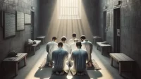 Ilustrasi tahanan sholat berjamaah di dalam penjara (Gambar oleh AI)