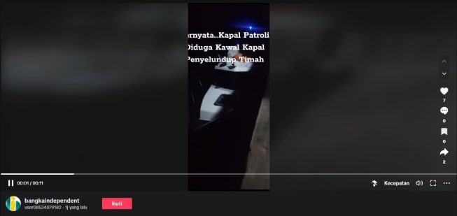 Tangkapan layar video diduga Kapal Patroli yang diduga mengawal aksi mulus dalam penyelundupan pasir timah keluar Pulau Bangka/SC: TikTok bangkaindependent